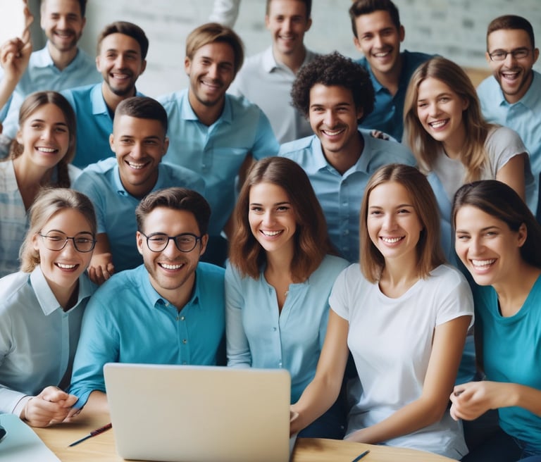 A vibrant marketplace scene with diverse business owners exchanging ideas under turquoise and blue banners.