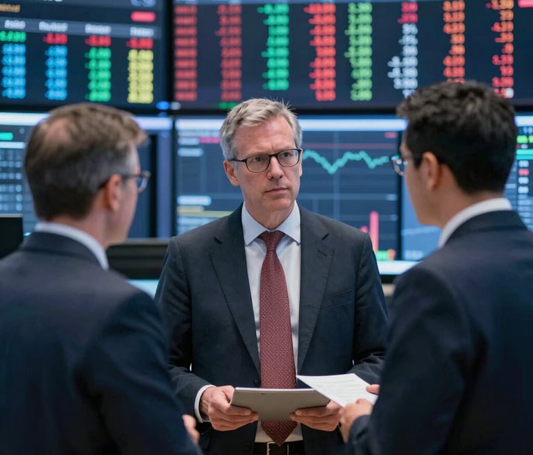 Professional accountant reviewing financial data with modern technology in a sleek office.