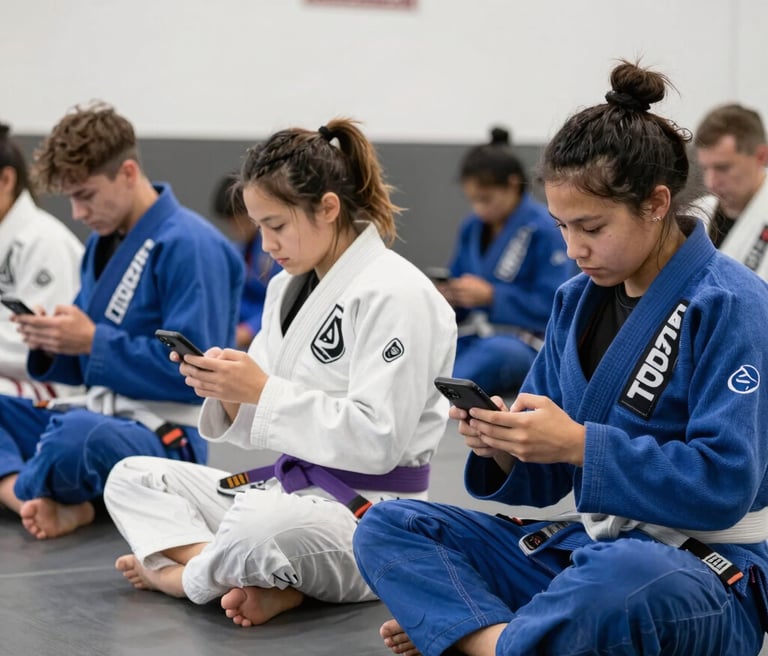 A vibrant jiu-jitsu competition scene with athletes in action and a lively crowd in the background.