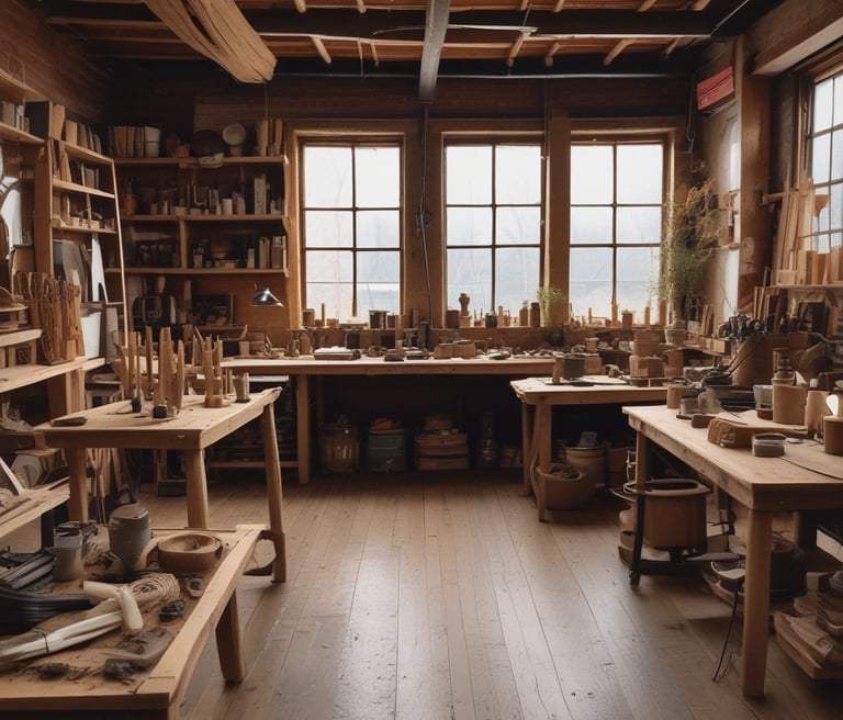 Warm artisan workshop with hands sorting wood, leather, and metal scraps under soft natural light.