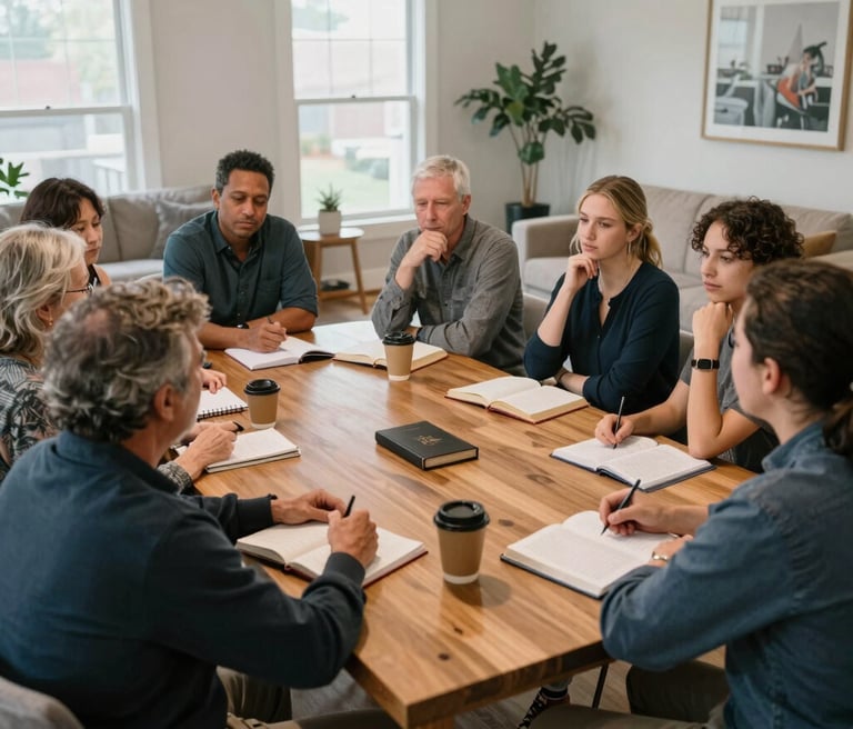 A cozy living room scene with a small group seated around a coffee table, open Bibles and notebooks, and a subtle microphone capturing their conversation.