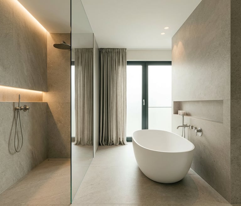 Modernes hochwertiges Badezimmer mit XXL-Großformatfliesen und fugenloser Keramikdusche in Mühldorf