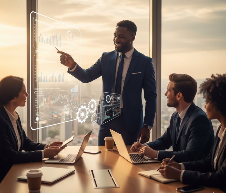 Empresário de terno em um escritório moderno, analisando gráficos de gestão financeira em um tablet,