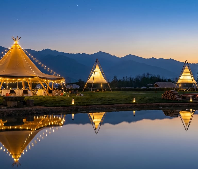Luxury glamping tents with warm string lights reflecting in a calm lake at dusk with mountain views.