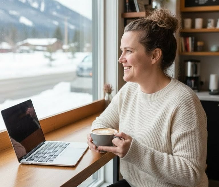 Friendly woman holding a cup of coffee looking out a window with a laptop in front of her