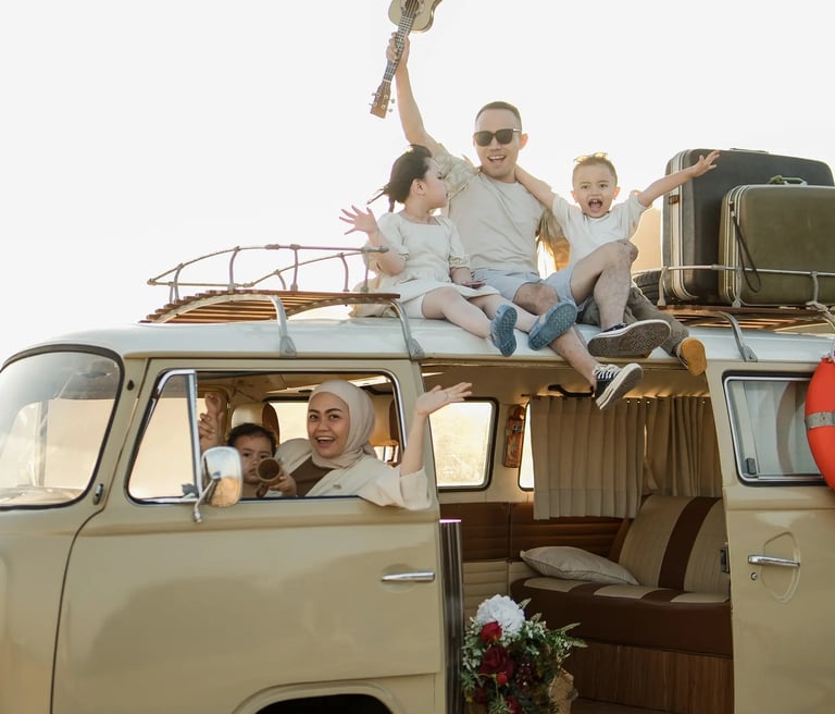 Retro roadtrip inspired family photography session with vintage combi van at Melasti Beach Bali
