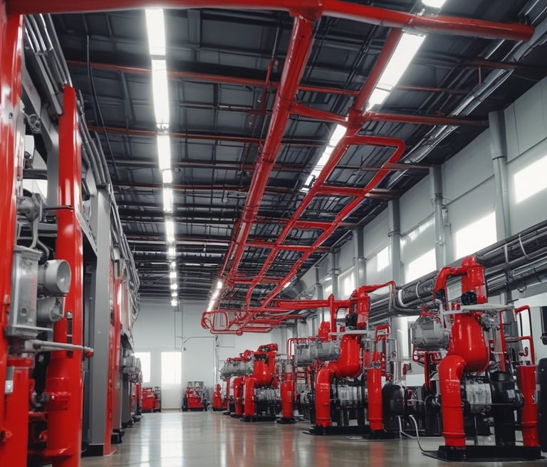 Technician inspecting a modern fire sprinkler system in a commercial building.