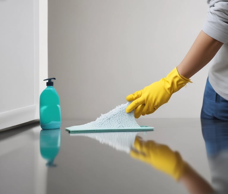 Professional cleaning team working together in a bright, modern office space.