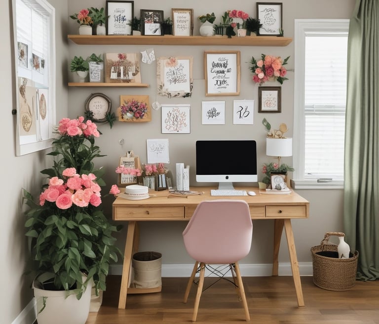 A cozy workspace with handcrafted floral arrangements and personalized decorative items displayed.