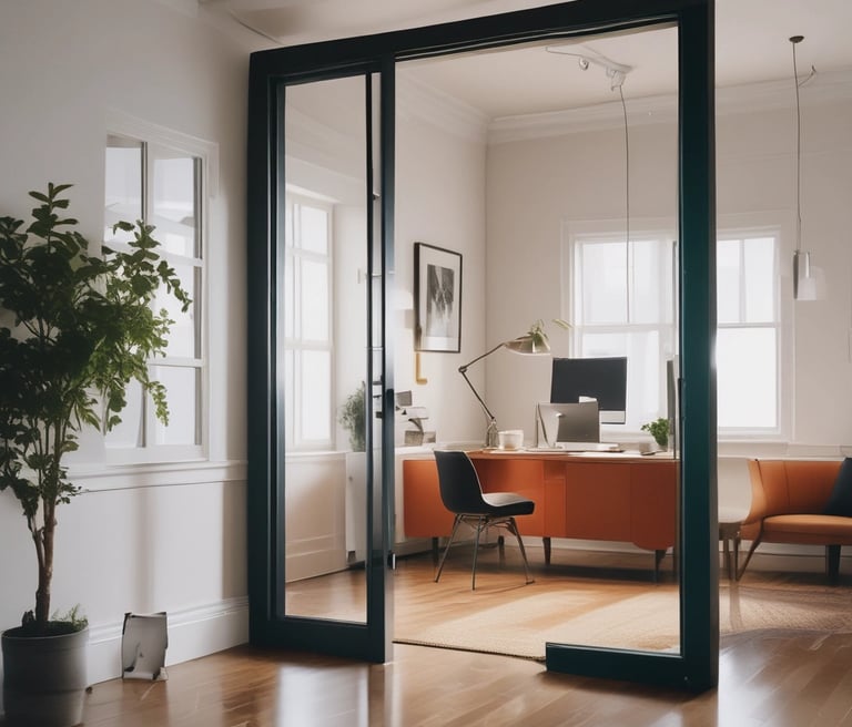 A professional cleaner in uniform carefully cleaning an office space with natural light.
