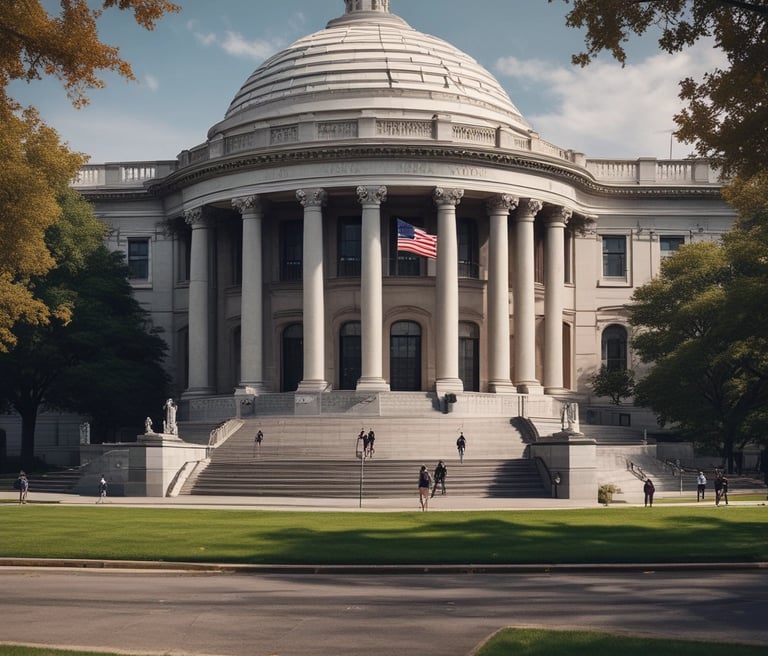 A professional consultant discussing investment opportunities with clients in a modern office setting with American flag colors in the background.