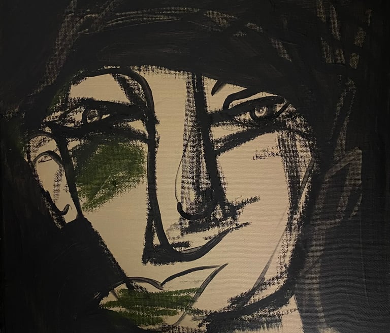 Enchanting mixed media portrait by Sherezade Morales Captivating depth and emotion in every brushs