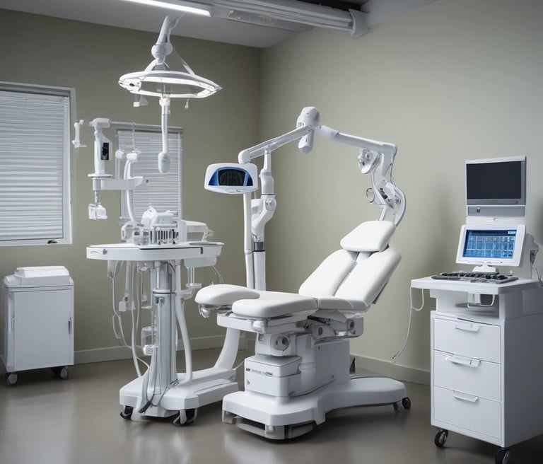 An assortment of medical equipment including monitors, dials, and gauges is present, possibly used for anesthesia or patient monitoring in a healthcare setting. There are various knobs and labels indicating settings for oxygen and nitrous oxide management. A tray contains a packaged medical device labeled 'Hand Piece.'