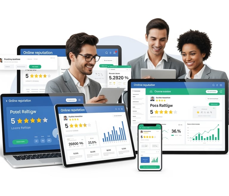 Professional online reputation management team analyzing positive customer reviews and 5-star rating