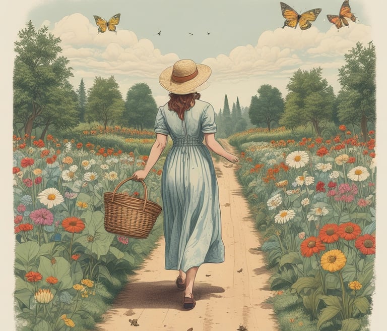A woman carrying a basket, walking away from the viewer, on a garden path between some flowers