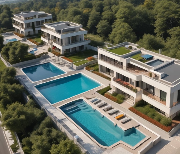 An elegant villa with a red-tiled roof is surrounded by manicured gardens featuring symmetrical paths and various plant life. The villa is positioned against a backdrop of lush greenery and a coastal cityscape, with a view of the calm blue sea.