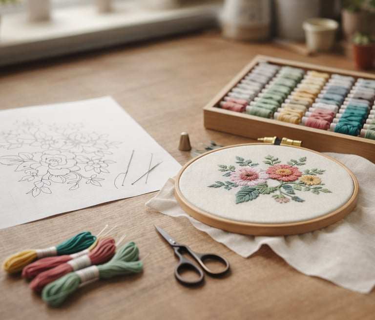 Bastidor com bordado floral feito à mão para iniciantes