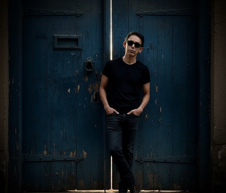 a man standing in front of a blue door