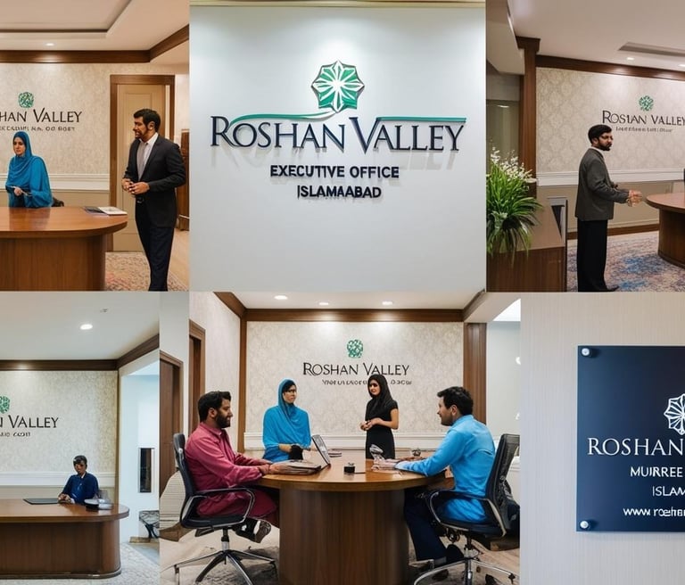 a group of people standing around a table with a sign that says roshan valley