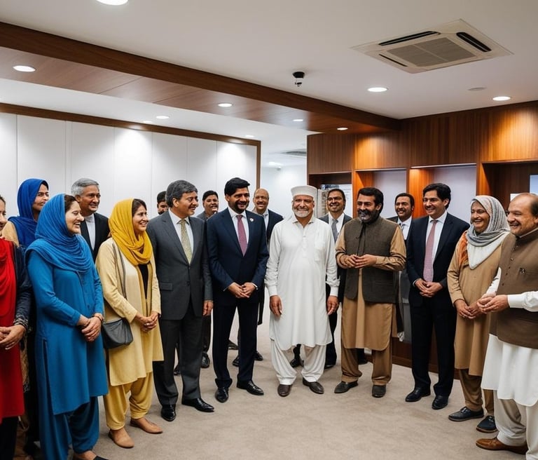 a group of people standing in a room