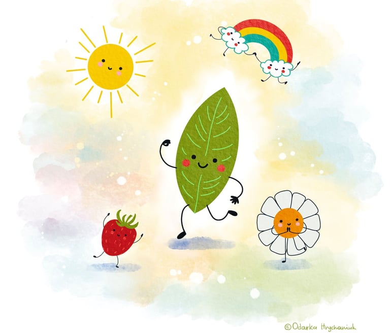Cute cartoon leaf, strawberry, daisy, and sun dancing under a rainbow in a whimsical watercolor sky.