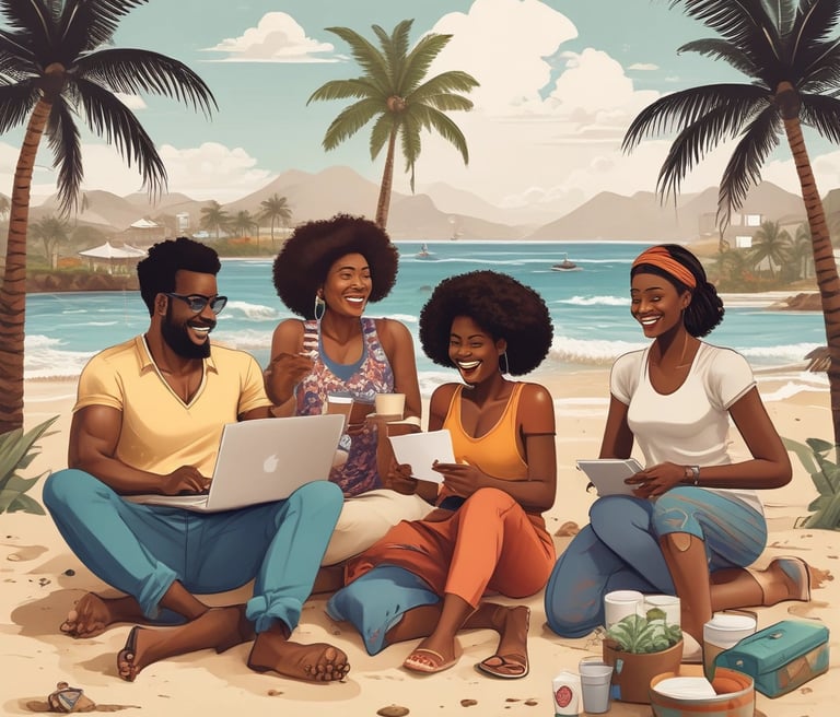 a group of people sitting on a beach