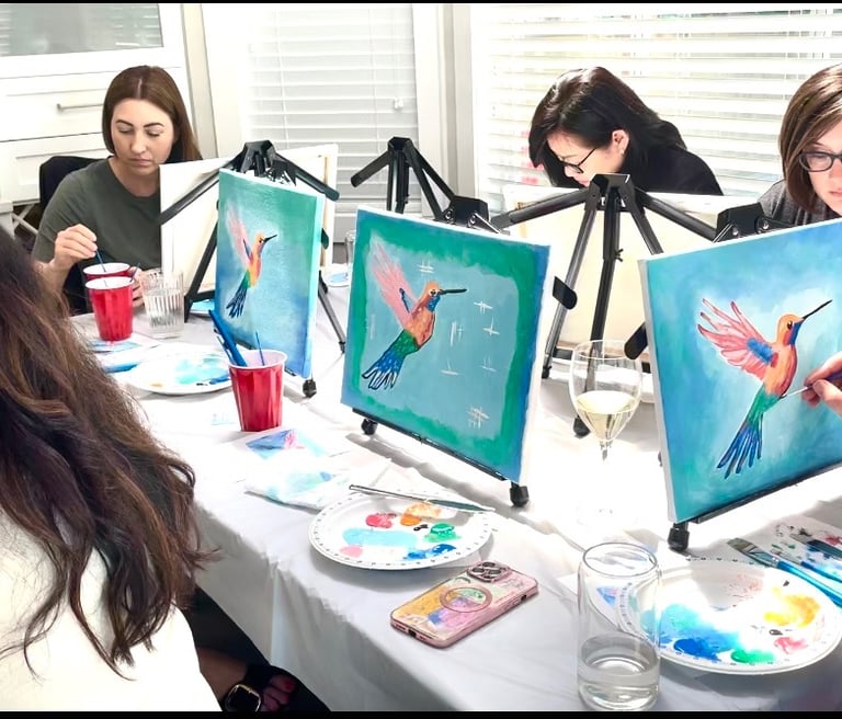 Staff appreciation paint party, Painting whimsical birds