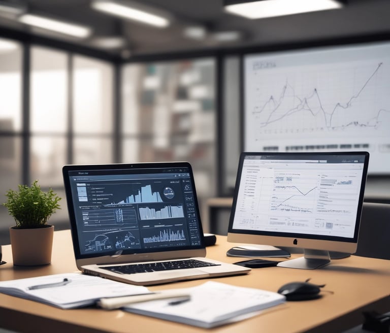 A modern workspace with a laptop, notepad, and coffee cup, symbolizing digital development.
