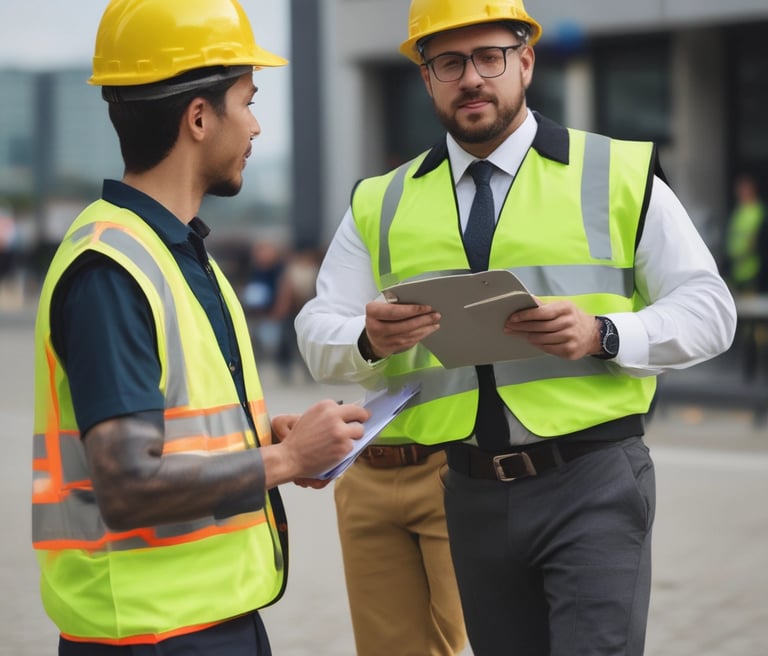 two men in safety vests standing in front of a building