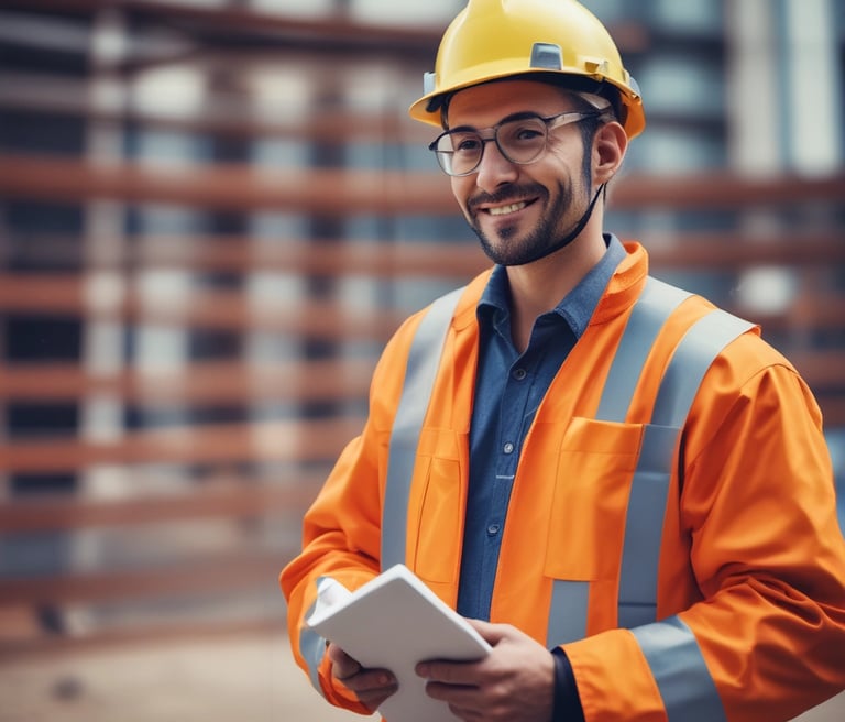 A person wearing a bright red industrial jacket with reflective stripes and a white safety helmet. They are holding a book titled 'Occupational Safety and Health Act' against a plain blue background. The person is smiling and the jacket has a logo on the chest.
