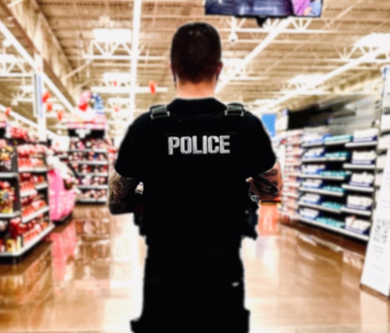 Uniformed off-duty police officer providing security at a Pacific Northwest retail location