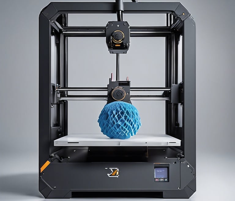 A 3D printer in a workshop setting, featuring a partially printed white object on the build plate. Behind the printer, there are shelves with various containers, suggesting a workspace. The machine is equipped with visible wires and components.