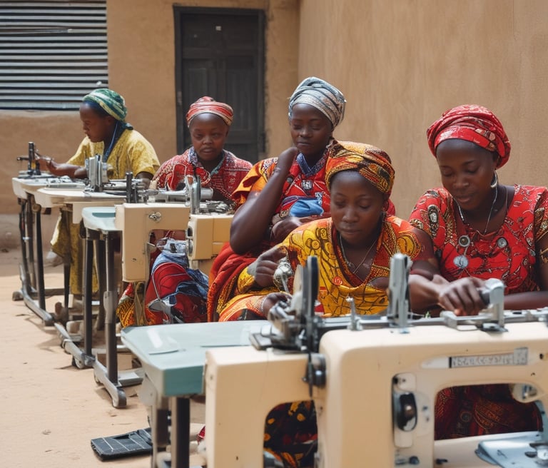 A group of people gathered in front of a building with large columns, holding signs advocating against violence and for women's empowerment. One sign reads 'NO VIOLENCE AGAINST' followed by different groups of people, written in colorful letters. Another sign urges to 'BREAK ALL the CHAINS!' and mentions the empowerment of women. The people are wearing casual clothing and some have orange shirts or jackets, and there is a uniformed officer present.