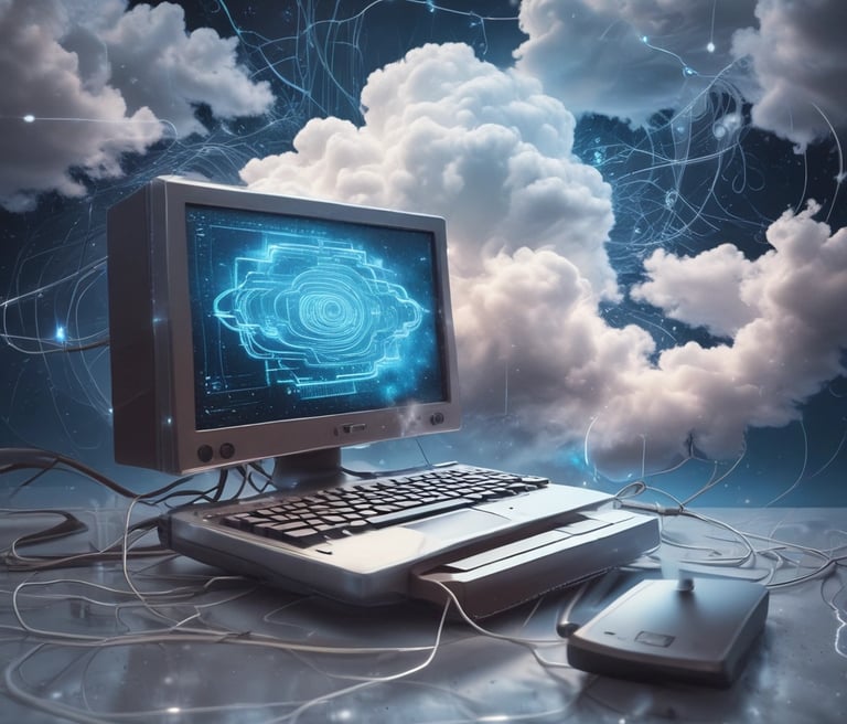 A professional setting with servers and cloud network diagrams on screens.