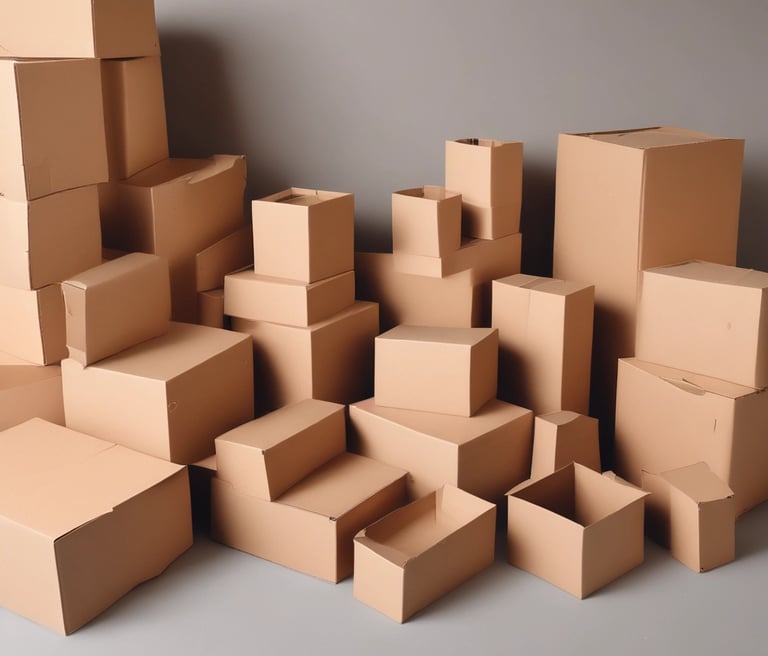 A stack of plain, cardboard boxes with hexagonal cutouts is on a table. In the background, a person wearing headphones and a mask is visible, likely engaging in a craft or work activity.