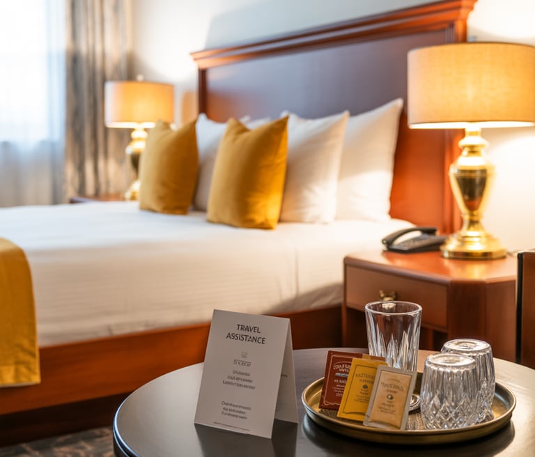 Hotel room with golden pillows and bedside lamp – budget travel deals