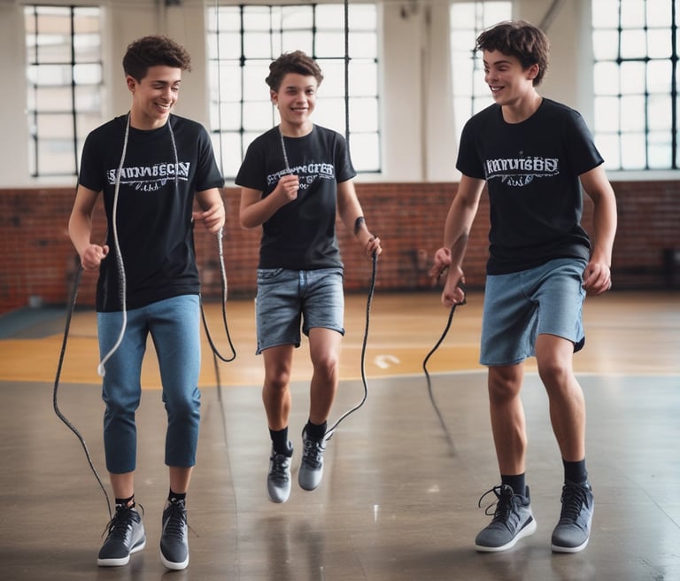 Three young boys jump rope together in a gym for cardio fitness and athletic training.