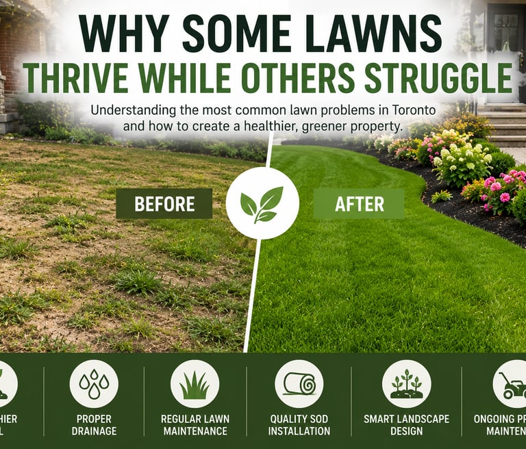 Before and after comparison of a patchy yard transformed into a lush green lawn using quality sod installation and