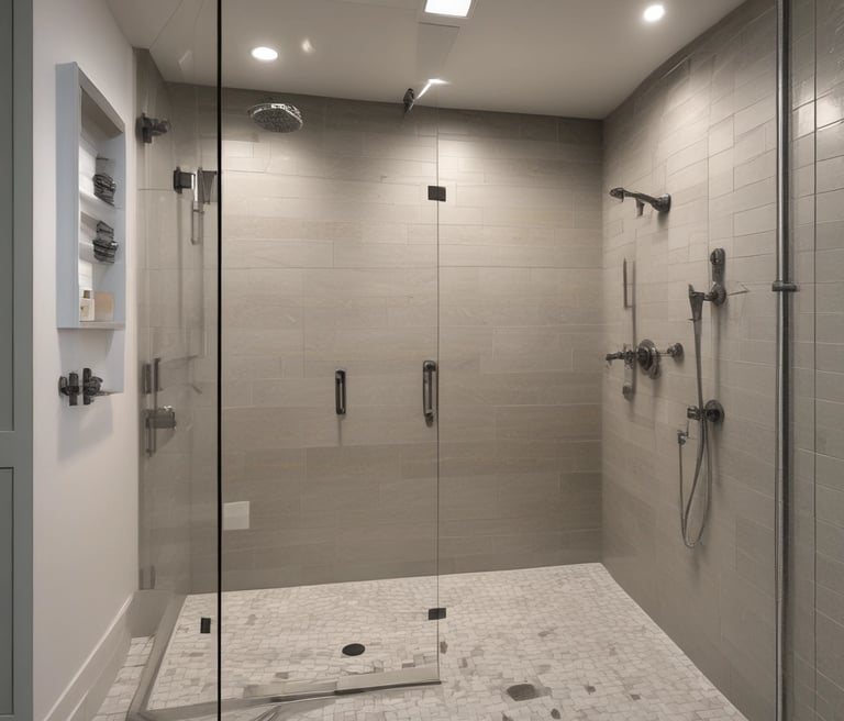 A modern bathroom features a glass-enclosed shower on the left with a sleek design and decorative tiles. On the right, there is a high-tech steam shower cabin equipped with multiple control panels and LED lights.