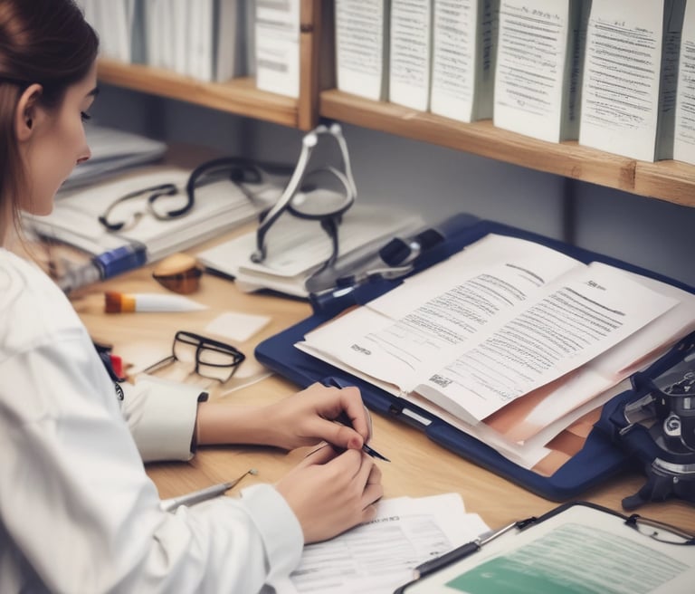 A focused student working late at a desk surrounded by research papers and a laptop.