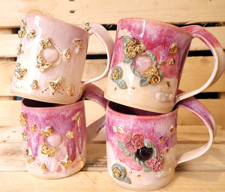 Irish handmade butterfly mugs, crystal mugs with rose quartz or amethyst 