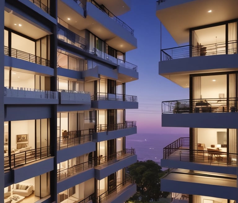A modern glass skyscraper features illuminated windows and staggered terraces, with a prominent company logo at the top corner glowing against an overcast sky.