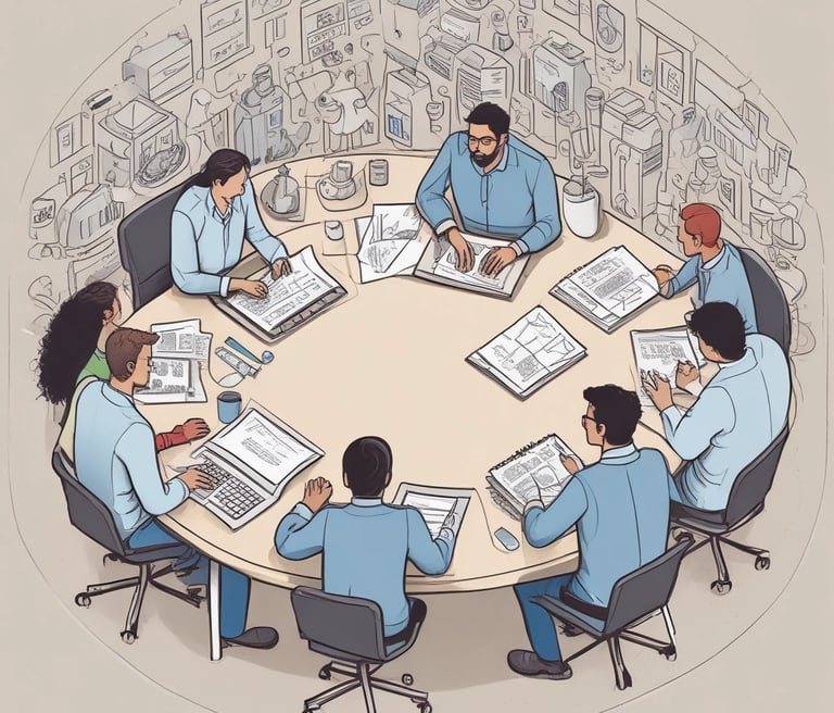 A collection of industrial tools and equipment scattered on a concrete surface. Several metal parts and pipes, including a red rectangular sign with white markings, rusty and worn, are visible. The area also contains a hydraulic component with hoses attached, along with various metal scraps and wooden planks.