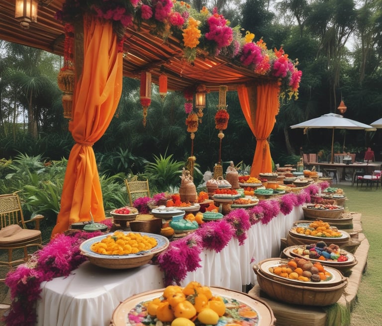A beautifully arranged catering setup for a wedding event.