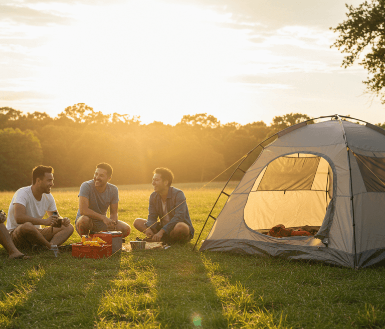 Friends camping in Coleman Sundome cheap camping tent, best budget camping tent for casual campers