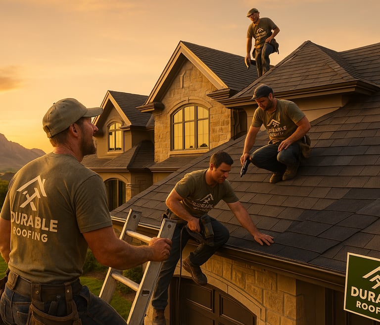 Durable Roofing crew installing new asphalt shingles on a Utah home at sunset