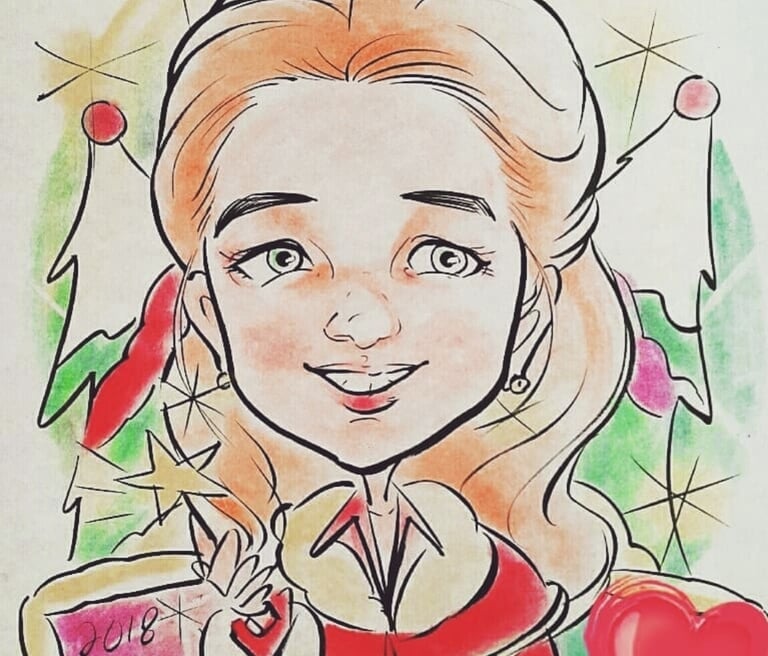 Caricature drawing of a girl in christmas costume