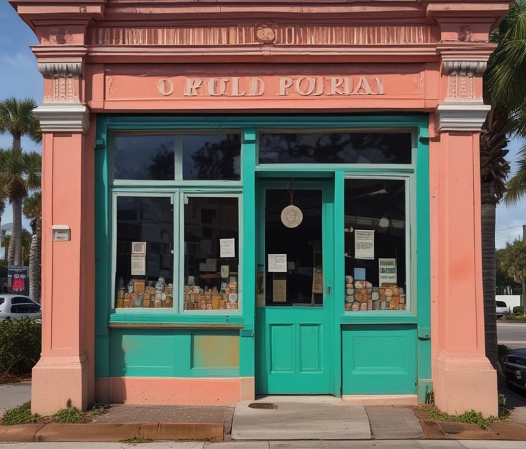 A storefront with various vintage and collectible items displayed. The signage includes a neon sign for a coin and precious metal buying establishment. There is an 'open' sign on the door, which is surrounded by various advertisements and posters. The window features a row of decorative figurines and collectibles.