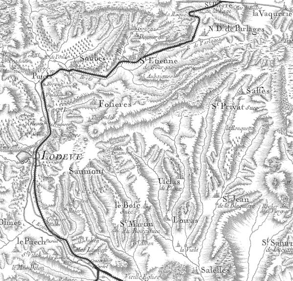 An eighteenth century map plotting the route from Montpellier to Paris via St Etienne