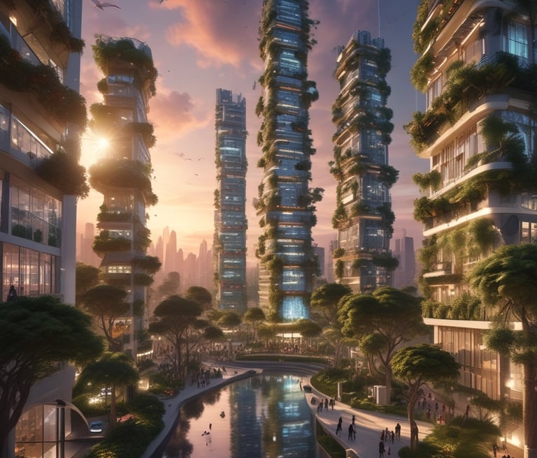 A futuristic building with a large, curved glass and metal structure, featuring geometric patterns and reflective surfaces. The architecture is innovative and modern, with clean lines and an expansive shape.